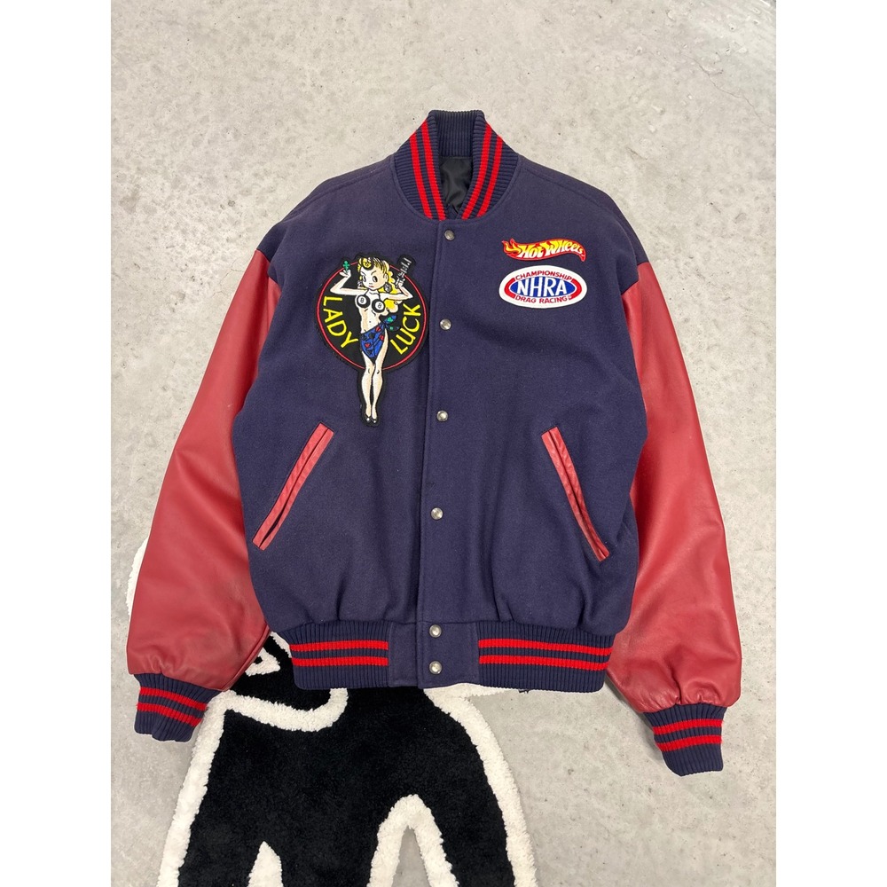 Astro Wear Varsity Jacket Navy Red Leather NHRA Hot Wheels Lady Luck M Vintage